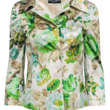 Dolce &amp; Gabbana - Cream &amp; Green Floral Print Satin Jacket Sz 4