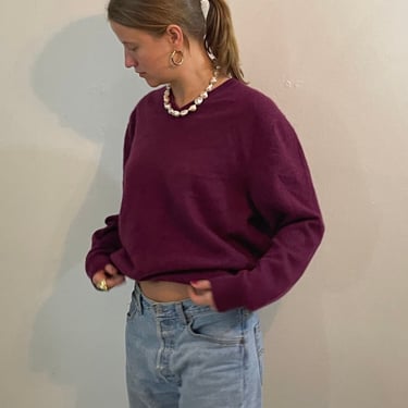 90s cashmere sweater / vintage plum wine pure brushed super soft cashmere oversized boyfriend high V neck pullover baggy sweater | Large 