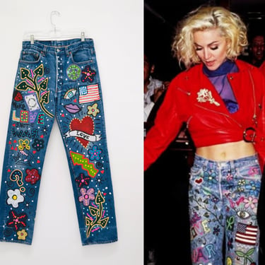 80s Vintage Leslie Hamel Jeans Pants Levis Hand painted Love Peace Denim Jeans Levis Pop Art Heart Vintage Levis Medium Jeans Madonna 