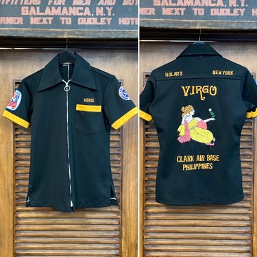 Vintage 1970’s “Virgo” Military Air Base Poly Embroidery Bowling Shirt, 70’s Zipper Shirt, 70’s Astrology, Vintage Clothing 