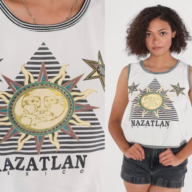 Mazatlan Tank Top 90s Mexico T-Shirt Celestial Sun Star Pyramid Graphic Tshirt Black Striped Ringer Tee Retro Summer Vintage 1990s Small S 