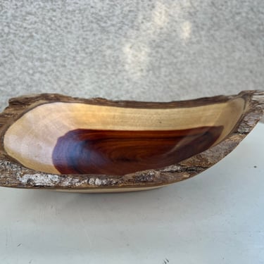 Vintage rustic wood small decor bowl scoop style signed Made in Brazil. Size 10” x 6” 