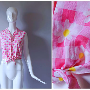 Vintage Y2K *NOS* United Colors of Benetton pink and white gingham daisy print button down tie wait Top | 1990s 90s 2000s top 