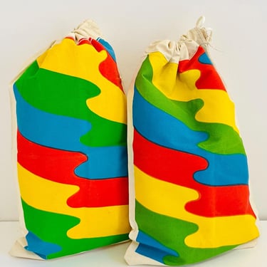 Vintage 1970s 1980s Retro MOD pair Rainbow Wavy Screenprint Canvas Drawstring School Shop Bags Totes 18