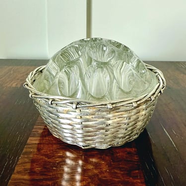 Vintage Glass Flower Frog in Silverplate Woven Bowl