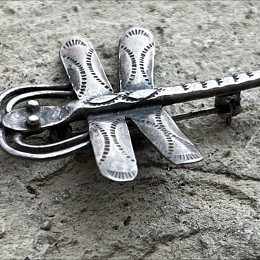 Vintage Native American Sterling Silver Dragon Fly Brooch / Pin with Stamp Work 