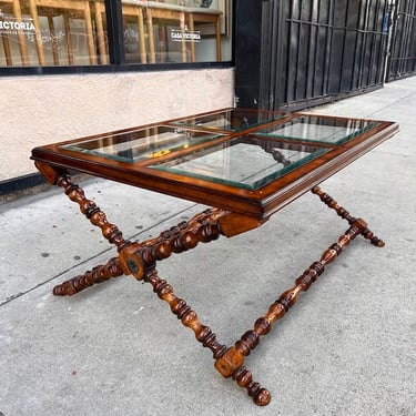Conversation Starter | Vintage Turned-Wood Coffee Table With Beveled Glass Inlays 