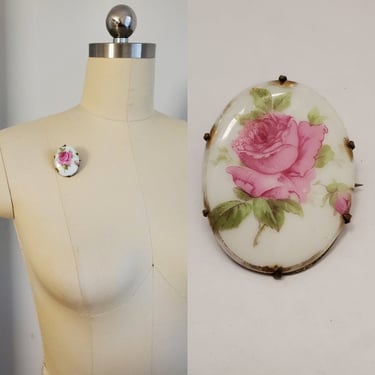 Large Victorian Ceramic Hand Painted Rose Brooch Pin - Victorian Jewelry - Victorian Accessories 