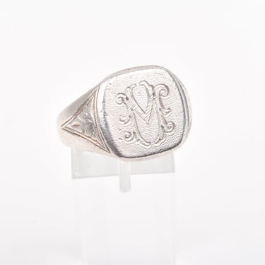 Men's 950 Sterling Silver 'M' Initial Monogram Square Signet Ring, Estate Jewelry, Size 10 US 