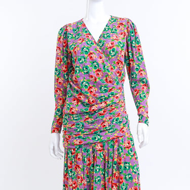 Ruched Rose Print Silk Dress