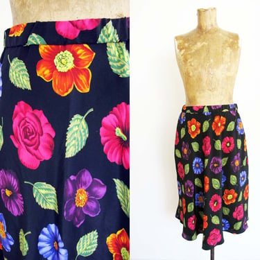 Vintage 90s 2000s Flower Print Black Silk Skirt S M - Y2K Colorful Floral Knee Length Pencil Skirt - Liz Claiborne 