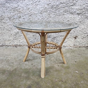 Vintage Rattan Coffee Glass Table/ Wicker Table / Patio Furniture/ Vintage Rattan Furniture/ Boho Style Table / End Table / 80s 