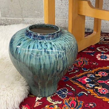 Vintage Vase Retro 1990s Contemporary + XL Size + Ceramic Frame + Blue and Teal + High Gloss Finish + Handmade + Modern Home Decor 