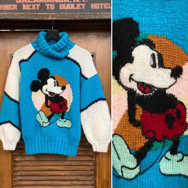 Vintage 1980’s Hand Knit Mickey Mouse Disney New Wave Sweater, 80’s Knit Top, Vintage Shawl Collar, Vintage Clothing 