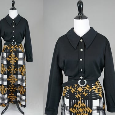 70s Maxi Dress - Black White Plaid w/ Brown Squares - Rhinestone Buttons and Buckle - Puritan Forever Young - Vintage 1970s - L XL 