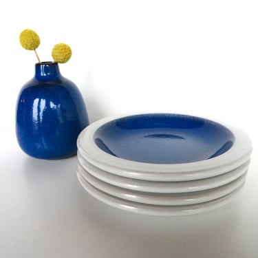 Set of 4 Heath Ceramics Opal Moonstone 5 1/2" Plates, Edith Heath Rim Line Blue And White Side Plates 