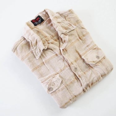 Vintage Indian Cotton Button Up Shirt S M - 1970s Beige Tan Plaid Gauze Cotton Long Sleeve Collared Shirt 