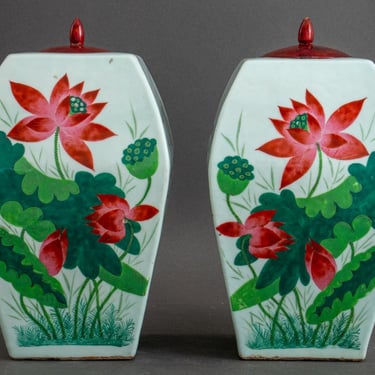 Pair of Chinese Iron Red Foo Dog Porcelain Ginger Jars