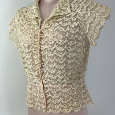 1930'S Netted & Lace Blouse - Delicate Detailing - Completely Sheer - 16 Cloth Covered Buttons - Womens Size Medium 