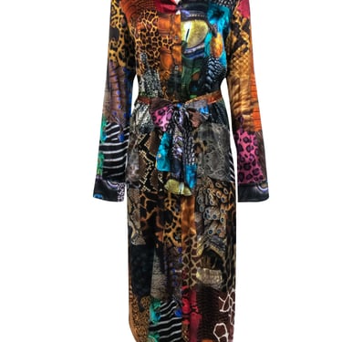 Unbreakable Evolution - Brown Multicolored Mixed Animal Print Silk Button Front Maxi Dress Sz L