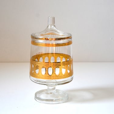 Mid Century Antigua Pattern Footed Covered Glass Jar in 22K Gold by Culver 
