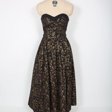 Vintage Laura Ashley Black & Gold Metallic Floral Strapless Dress with Full Skirt Garden Party Dress Summer 
