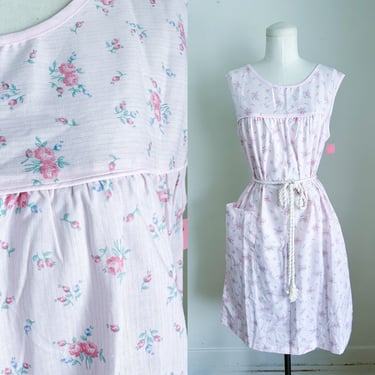 Vintage 1980s Deadstock Floral House Dress / M (Pink Roses + Stripes) 