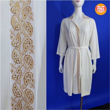 Lovely Vintage 60s 70s White Nylon Nightgown with Gold Paisley Trim 