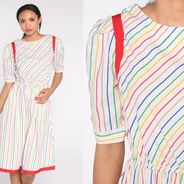 80s Rainbow Striped Dress Puff Sleeve Day Dress High Waisted Short Sleeve Midi Dress Retro Secretary Summer Pockets Vintage 1980s Medium M 