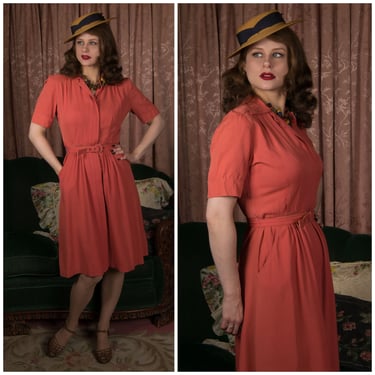 1940s Dress -  Rich Coral Rayon Gabardine Vintage 40s Day Dress with Original Belt 