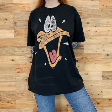 80's Vintage Looney Tunes Daffy Duck Faded Worn Black Tee Shirt T-Shirt 