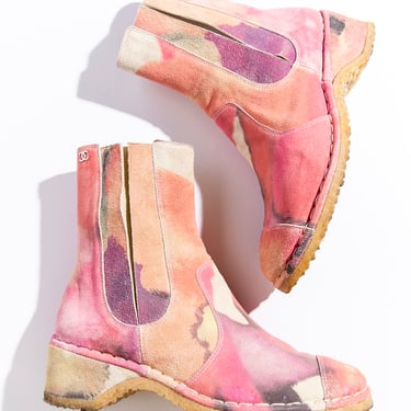 CHANEL Pink & Cream Platform Suede Chelsea Boots (Sz. 38)