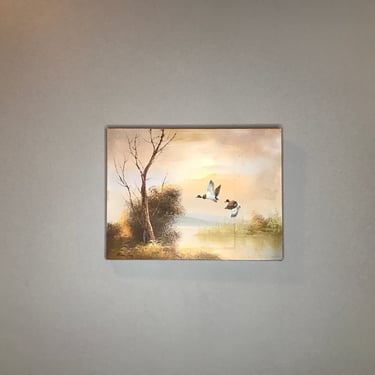 Vintage Flying Ducks Painting / Camp Woodland Home Decor / Migrating Ducks Artwork Wall Art 