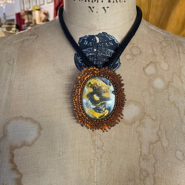 Vintage necklace, bumble bee stone, boho jewelry, beaded necklace, yellow and black, huge pendant, unique, oak, artist made, hippie 