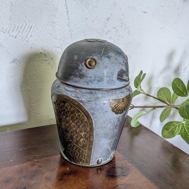 Vintage Pewter and Brass Lidded Owl Jar Container 