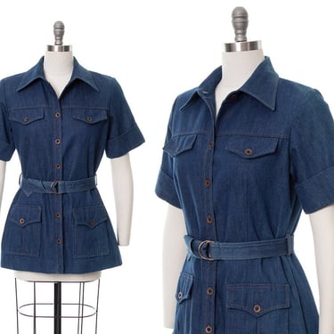 Vintage 1970s Shirt | 70s Denim Dark Blue Wash Short Sleeve Belted Button Down Boho Overshirt Jacket (medium) 