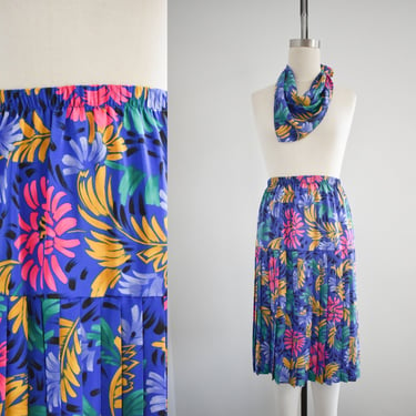 1980s Brushstroke Floral Pleated Midi Skirt and Scarf 