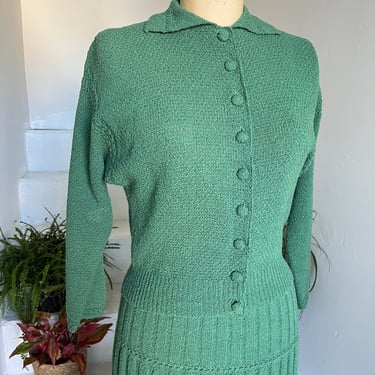 1950s Minty Green Two Piece Sweater and Skirt Set Vintage 