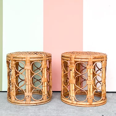 Pair of Rattan Tortoiseshell Rattan Drum Stools