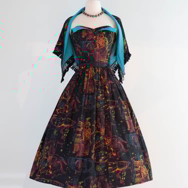 Rare 1950's "ILIAD" Novelty Print Cotton Strapless Sun Dress With Matching Shawl By Saba / SM