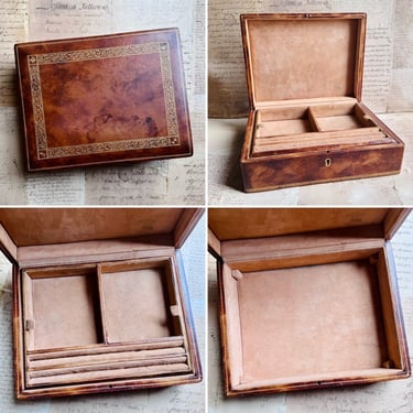 Antique Florentine Italian Brown  Leather Jewelry Box Grand Tour Edwardian As Is 
