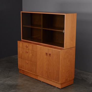 4ft Danish Modern Teak Cabinet Credenza and Hutch with Glass Doors 