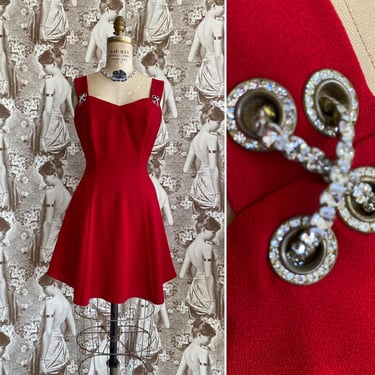 vintage 1990s cdc red mini dress, 90s cocktail dress with rhinestones, small, 90s fashion prom formal, sleeveless fit and flare 