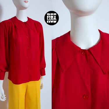 Cute Collared Vintage 70s 80s Red Flowy Long Sleeve Blouse 