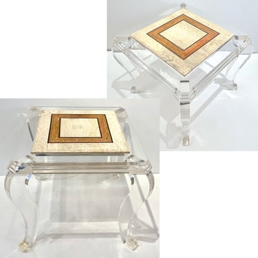 1970s Vintage Italian Lucite Pair of Tables with Encased Travertine &amp; Marble Top