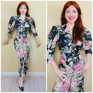 1980s Vintage Karen Alexander Brushed Cotton Wiggle Dress / 80s Puffed Sleeve Floral Garden Coquette Mermaid Dress / Size Small 