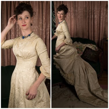 Authentic Victorian Dress - c. 1878-81 Authentic Victorian Ivory Silk Jacquard Wedding or Evening Dress 