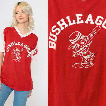 70s Baseball Tee Bushleaguers Red White #8 Graphic Print Vintage 1970s V-Neck Short Sleeve Ringer Tee Shirt Cartoon Medium 