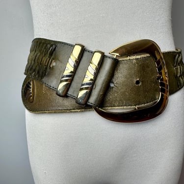 90’s Wide trendy dress belt~ Olive green khaki color with big glossy gold buckle~ unusual woven leather ~distressed boho trend~ size M as-is 