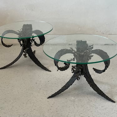 Vintage Silas Seandel Brutalist Side Tables | 1960s torch cut iron low tables 
